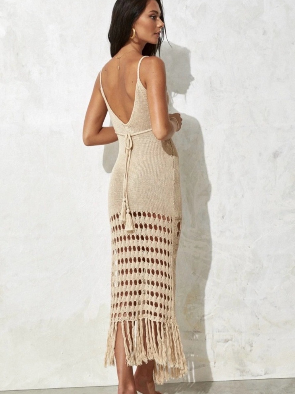Handmade Cream Crochet Maxi Dress with Fringe